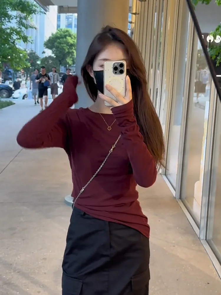 Корейская серия Wine Red Рубашка с длинными рукавами Женская весна и осень Slim fit Short