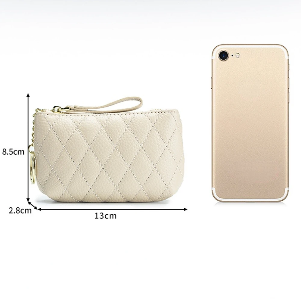 Genuine Leather Coin Purse Rhombus Embroidered Cowhide Mini Minimalist Zipper Bag Key Bag