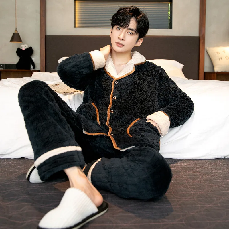 QUHENG Men Winter Pyjamas Suit Long Sleeve Autumn Thick Warm Flannel Pajama Sets for  Coral Velvet Cute Sleepwear Homewear