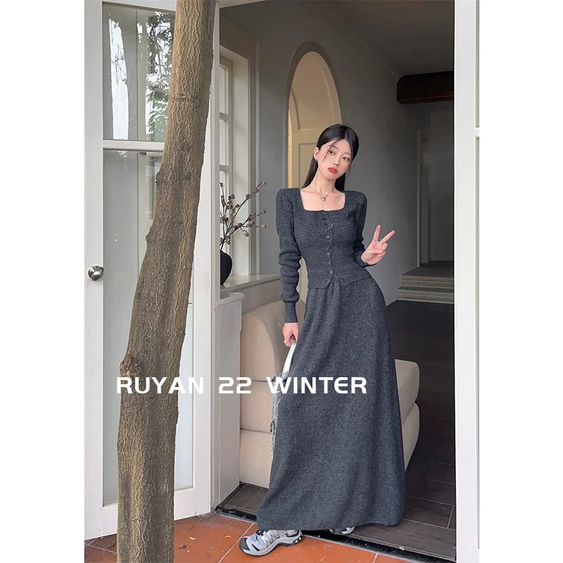 Plus Size Ruyan ~ Autumn Women clothes 2024 New Fashion Cardigan korea Base Sweater Skirt Two-piece Suit