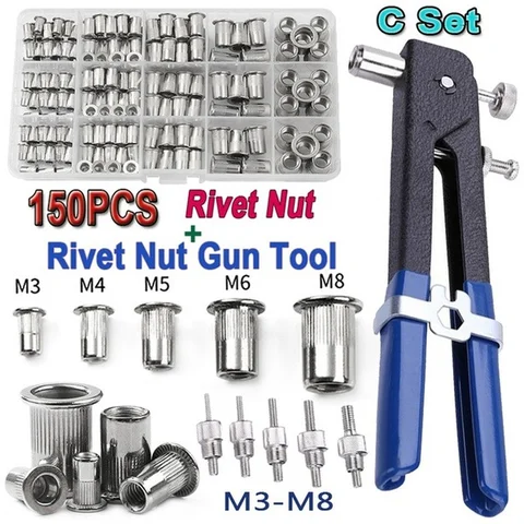 Заклепочные гайки M3/M4/M5/M6/M8, 150 шт., набор с пистолетом