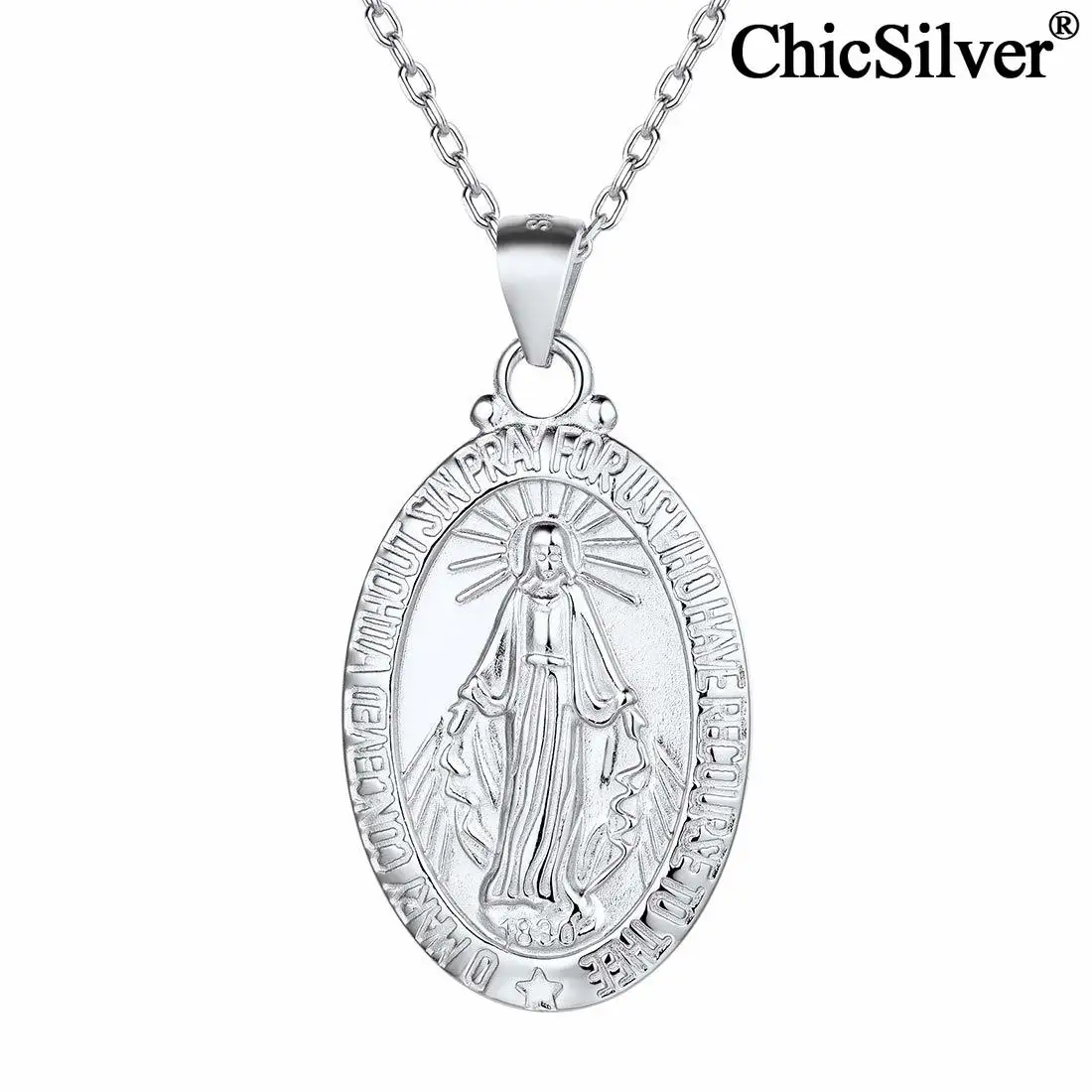 

ChicSilver Women Men Virgin Mary Necklace 925 Sterling Silver Miraculous Medal Oval Pendant Catholic Religious Christian Jewelry