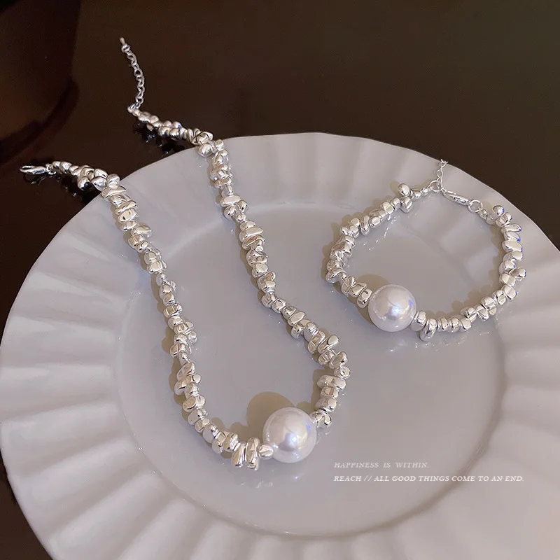 

Cheap Single Large Pearl Necklace Bracelet Jewellery Set Women 2022 New Trend Vintage Patchwork Chain New In Holiday Punk Gift