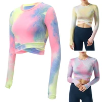 women yoga running long sleeve crop top tummy cross fitted gradient colorful shirts gym workout cropped slim blouse