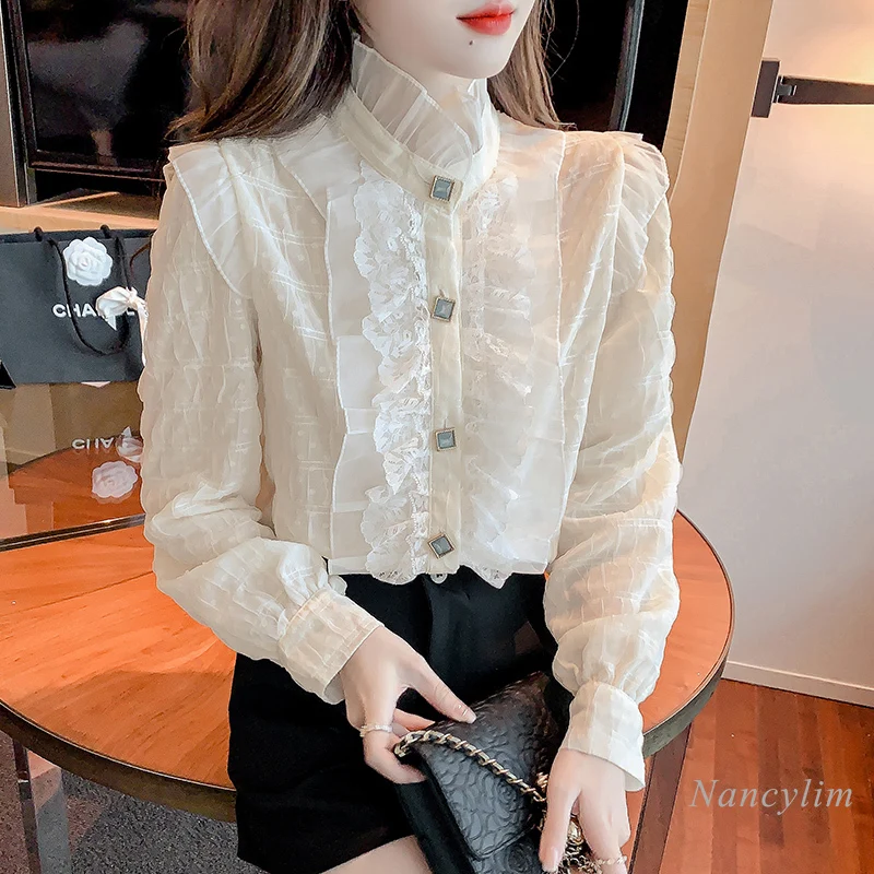 

2022 Autumn Blouses Femme New Retro Sweet Temperament Ruffled Shirt Top for Women Lady All-Match Blusas Mujer