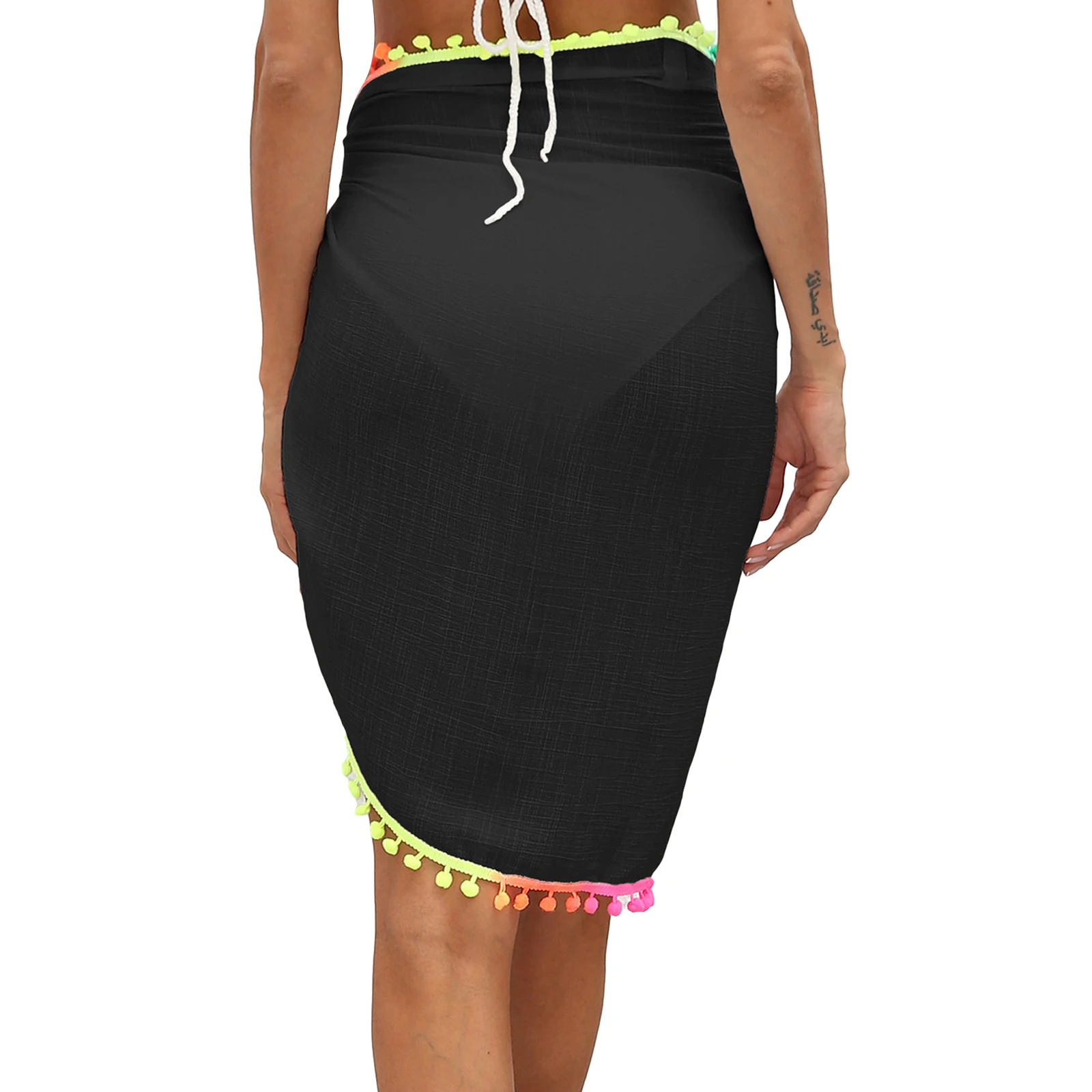 

Women Beach Sarongs Sexy Sheer Mesh Swimsuit Wrap Skirt Bikini Cover Up with Colorful Pompom Tassel for Summer Holiday