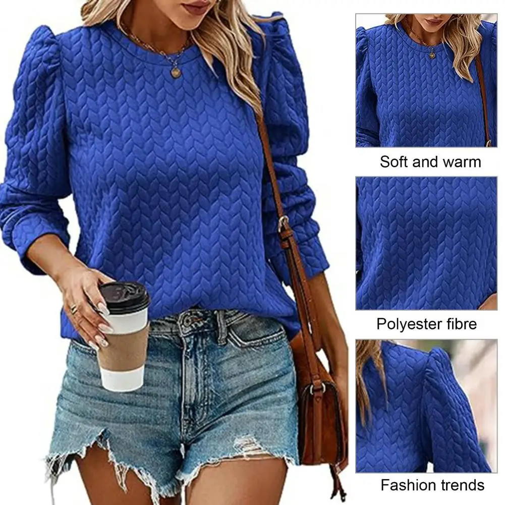 

Winter Solid Color Sweatshirt Chic Cozy Women's Autumn/winter Sweatshirts O-neck Puff Sleeve Twist Texture Pullover Tops for A