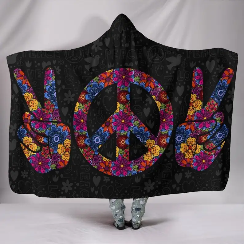 

Hooded Blanket, Peace Hippie Flowers, Love Joy Groovy, Retro Floral, Psychedelic, Rave Festival, 70s and 60s, Colorful Throw