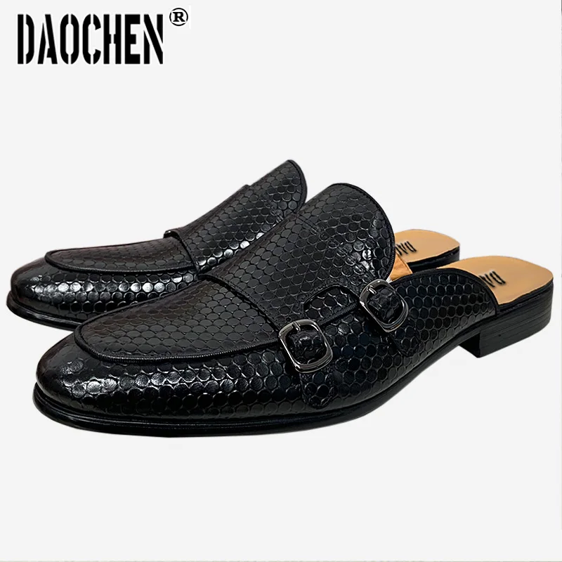 Classic Style Men's Mules Half Shoes Men Dress Causal Shoes Double Strap Buckle Black Brown Shallow Breathable Leather Shoes Men