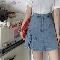 2021 summer solid bow high waist all match slit skirts women patchwork temperament slim a line denim skirt female elegant korean
