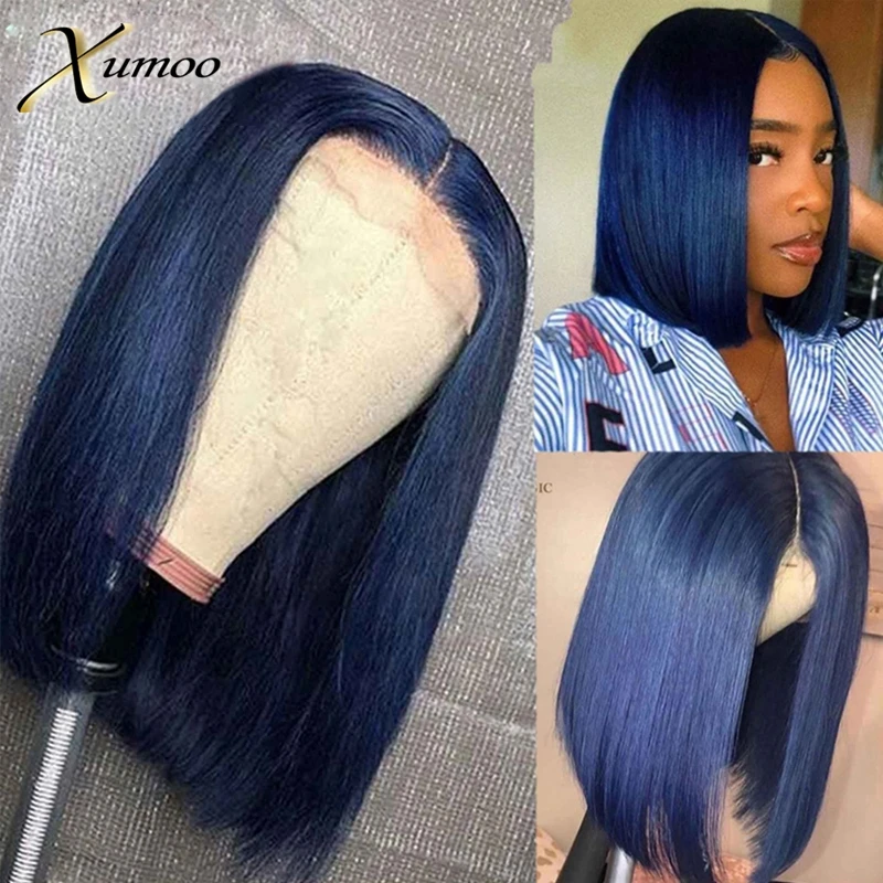 XUMOO Blue Color 13x4 Lace Front Wigs Straight Short Bob For Women Brazilian Remy Human Hair Gluelss Wigs with Baby Hair