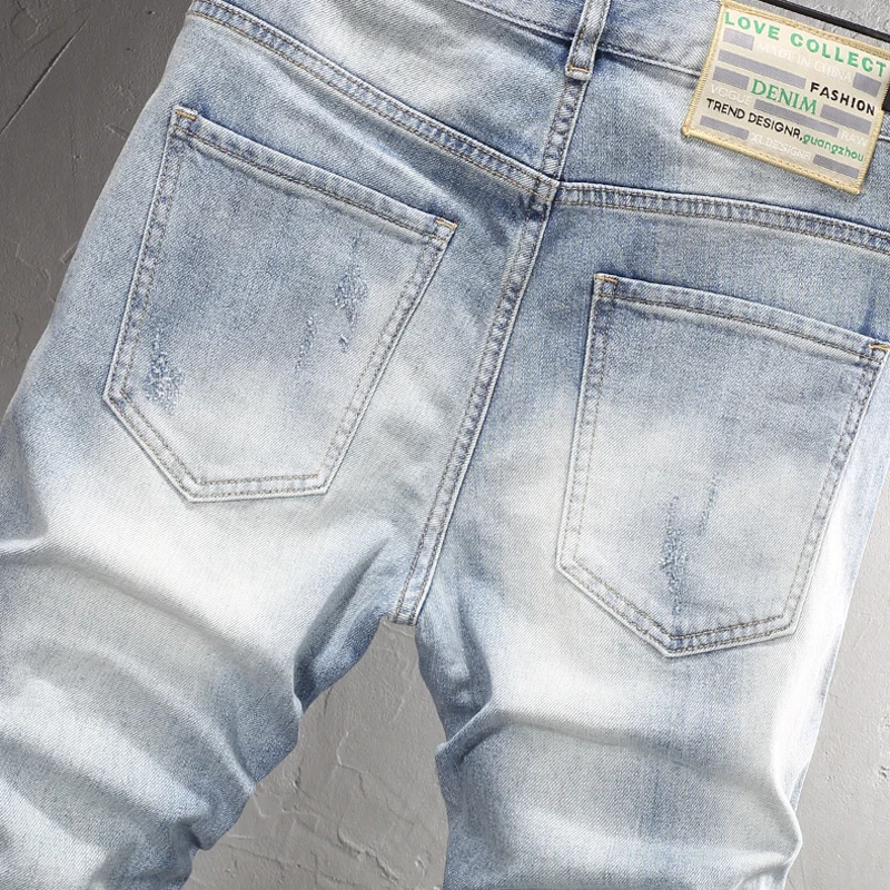 Street Fashion Men Jeans Retro Washed Light Blue Elastic Stretch Slim Fit Ripped Jeans Men Patch Designer Hip Hop Denim Pants