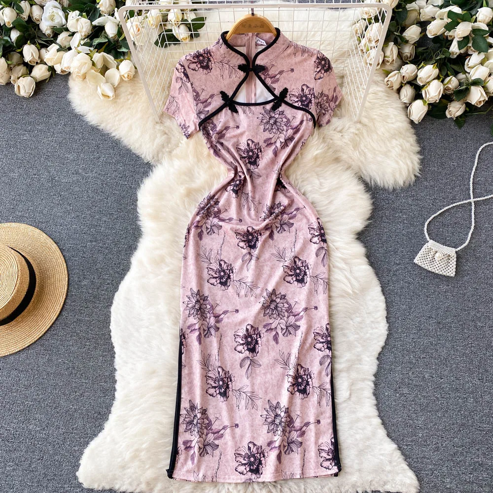 

Hollow Out Chinese Style Cheongsam Women Summer Clothe Mid-Calf Vintage Buttons Dresses Floral Print Slit Bodycon Dress Dropship