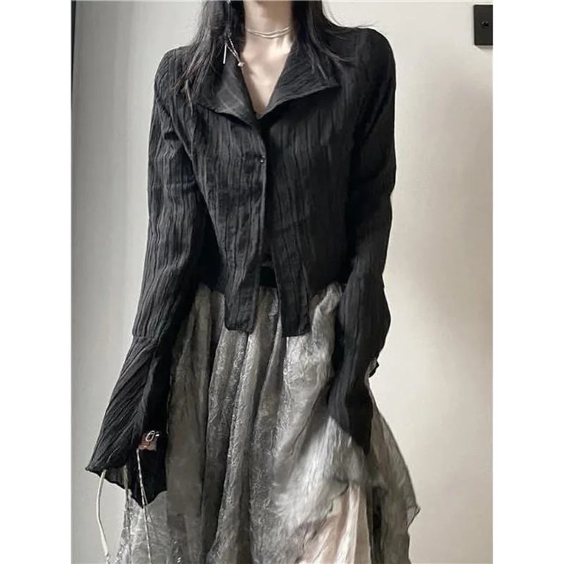 Deeptown Y2k Blouse Women Vintage Black Shirt Gothic Harjauku Pleated Button Up Korean Dark Tight Long Sleeve Aesthetic Female
