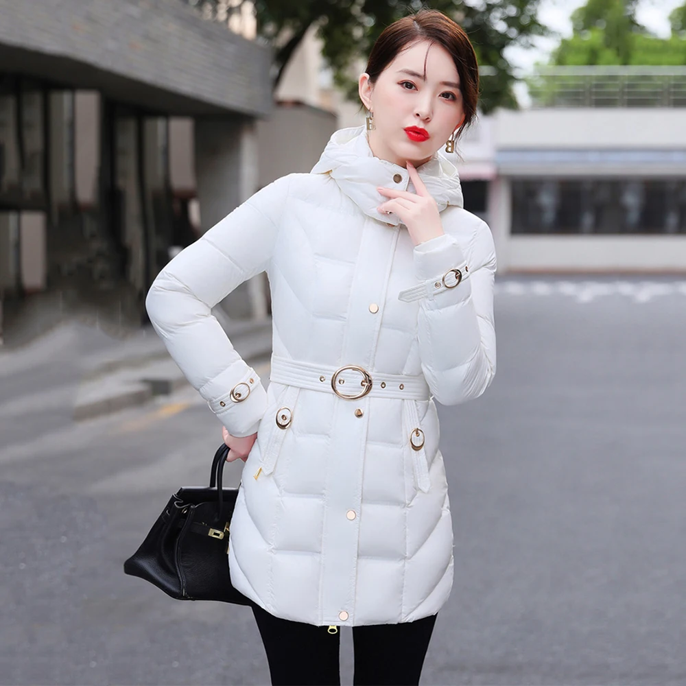 New Women Winter Thicken Down Jacket Simple Fashion Hooded Glossy Surface Belt Slim Down Coat Medium White Duck Down Outerwear