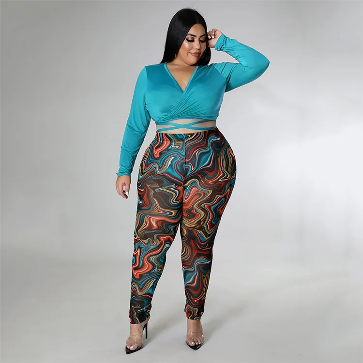 Plus Size Setup Women Clothing Two Piece Set Sexy 2 Piece Outfits Women Elastic Waist Slim Fit V-Neck Printing Short Long Sleeve