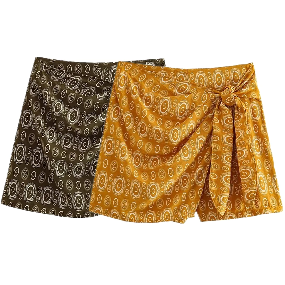 

Withered French Country Elegant Retro Geometric Print Bow Mini Skirt Women Fashion Casual Culottes Ladies