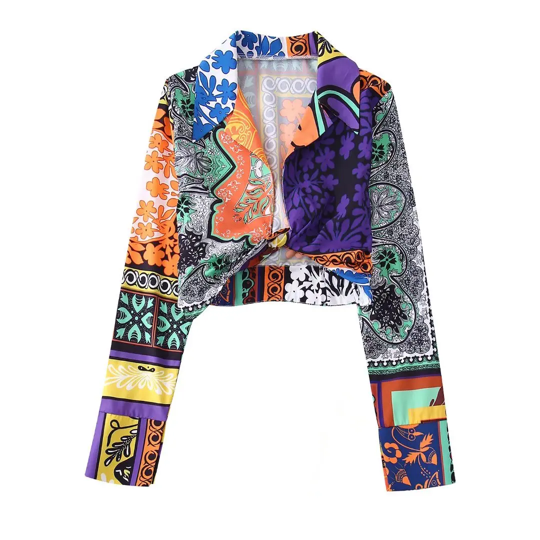 

2022 Fashion Asymmetric Soft Touch Shirts Vintage Knot Ornaments Printing Long Sleeve Female Shirts Chic Tops