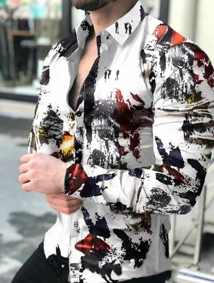 

Рубашка мужская с длинным рукавом, Повседневная блуза из полиэстера, с принтом, с отложным воротником, на пуговицах, одежда на осень