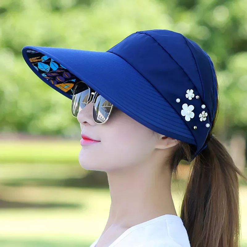 Hats For Women Foldable Sun Hat Pearl Flower Visor Suncreen Floppy Cap Female Outdoor Casual Baseball Cap