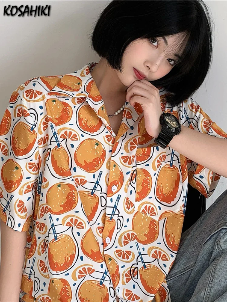 

Блузка женская/мужская с коротким рукавом, модная рубашка в Корейском стиле, универсальная блуза с винтажным оранжевым принтом, свободная повседневная одежда, Y2k, лето 2023