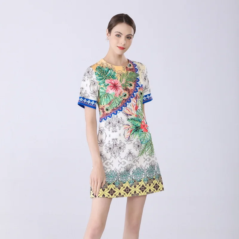 

French Summer 2022 new vintage fashion beaded print straight leg loose short-sleeved ladies dress