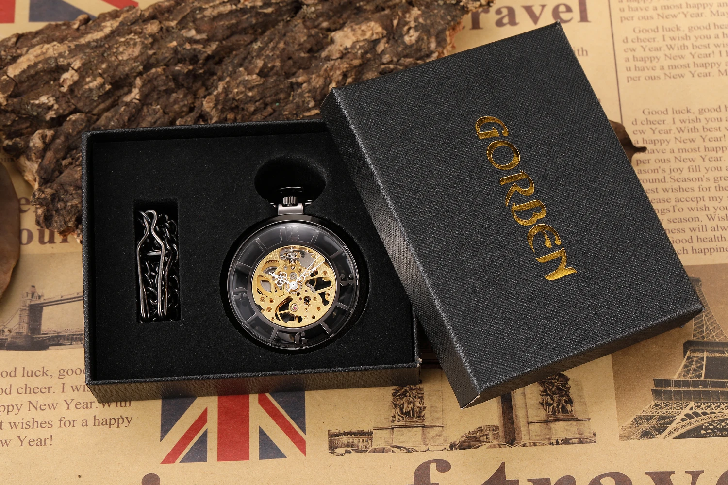 Luxury Black Pocket Watch Vintage Hand-WInd Mechanical Steampunk Men Watches Roman Numerals Clock With Fob Chain Reloj Hombre