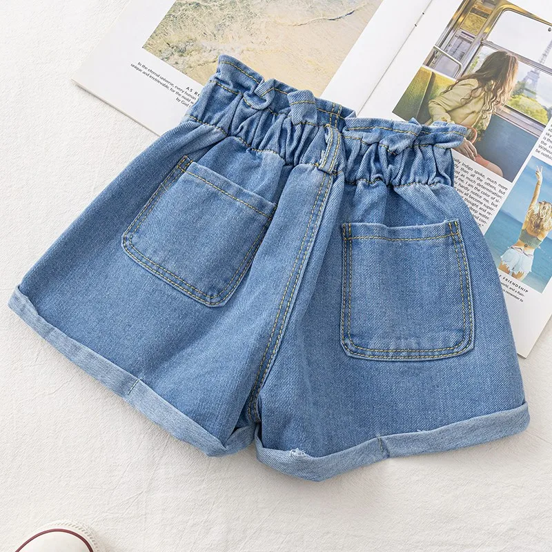 2023 Summer Denim Shorts for Girls High Waist Elastic Toddler Girls Teenage Children's Jeans Hem Fashion Blue White Kids Pant