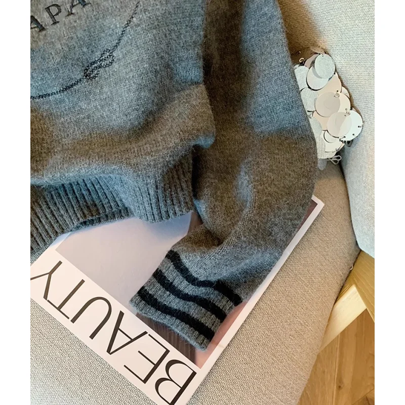 Серый пуловер женская одежда вязаный свитер кашемировые винтажные с вышивкой