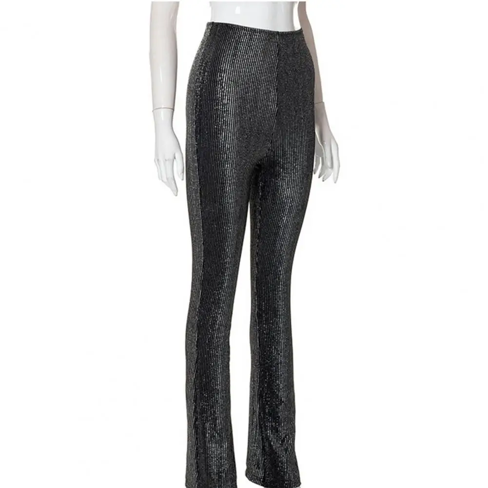 

Pencil Pants Elastic Waistband Casual Trousers Shining Ribbed Lady Casual Trousers