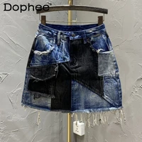 2022 summer street denim skirts womens new european style personality stitching frayed contrast color design hip jupe