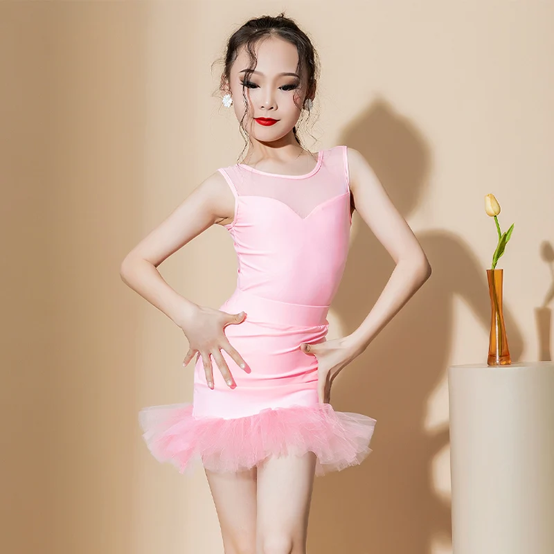 

Girls Latin Dancewear Pink Practice Wear Summer Rumba Samba Dancing Clothes Children Modern ChaCha Competition Costume VDB6926