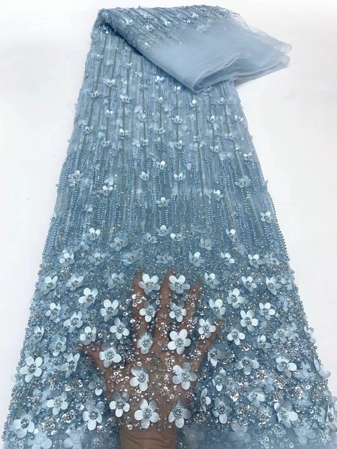 5 ярдов Африканский французский ручной работы 3D цветок с бусинами тюль кружево