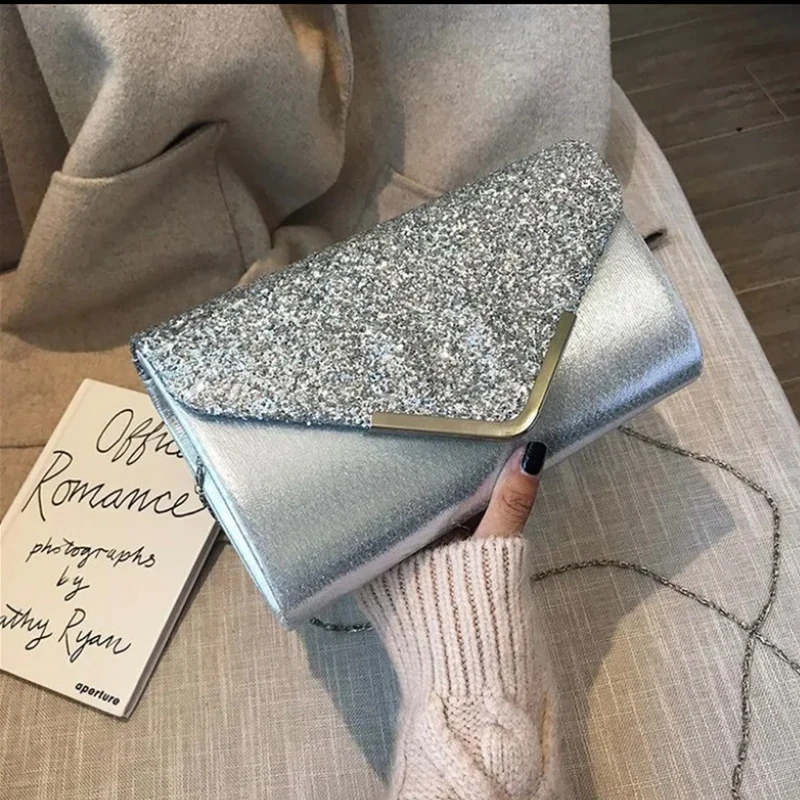 European and American fashion diagonal grab bag sequins PU leather magnetic buckle glitter Ladies party dinner clutch