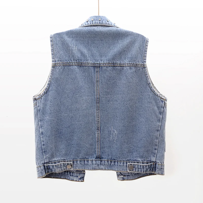 

Big Diamond Pocket Denim Women Blue Waistcoat Autumn Korean Sleeveless Jacket Casual Loose Short Frayed Jeans Vest Female