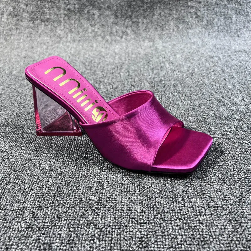 Xibeilove 2022 New Silk Green Women's Strange Style Transparent High Heels Slippers Square Toe Female Sandals