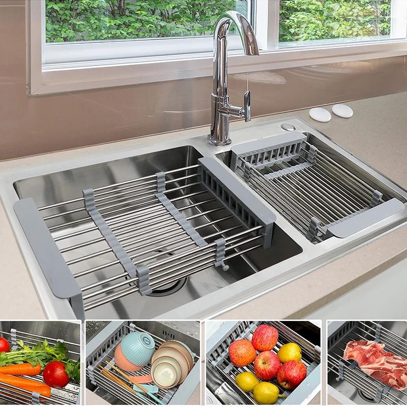 

Adjustable Dish Drying Rack Telescopic Drain Basket with Retractable Armrest Kitchen Rack Basket Over The Sink Dish Drying Shelf