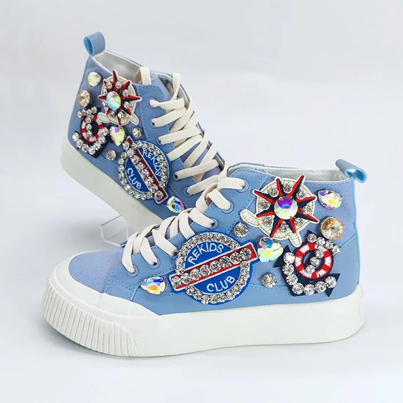 New Spring Autumn Blue High-top Student High Quality Rhinestone Women Lace Up Casual Canvas Rubber Female Flat Shoes BB20-22