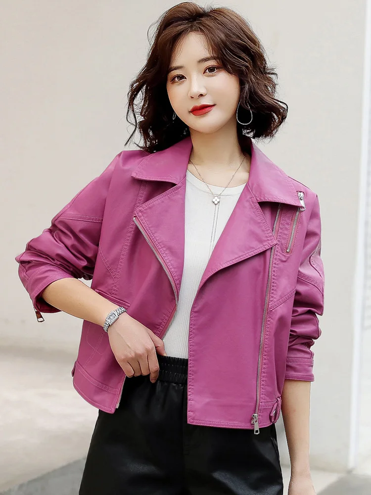 New Women Rose Red Sheepskin Jacket Spring Autumn Trendy Turn-down Collar Slim Short Leather Jacket Chic Outerwear Split Leather