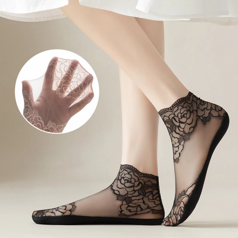 5Pair Cotton Women Lace Sock Summer Breathable Non-slip Shallow Boat Socks Lace Floral Invisible Socks Thin Short Sock for Women