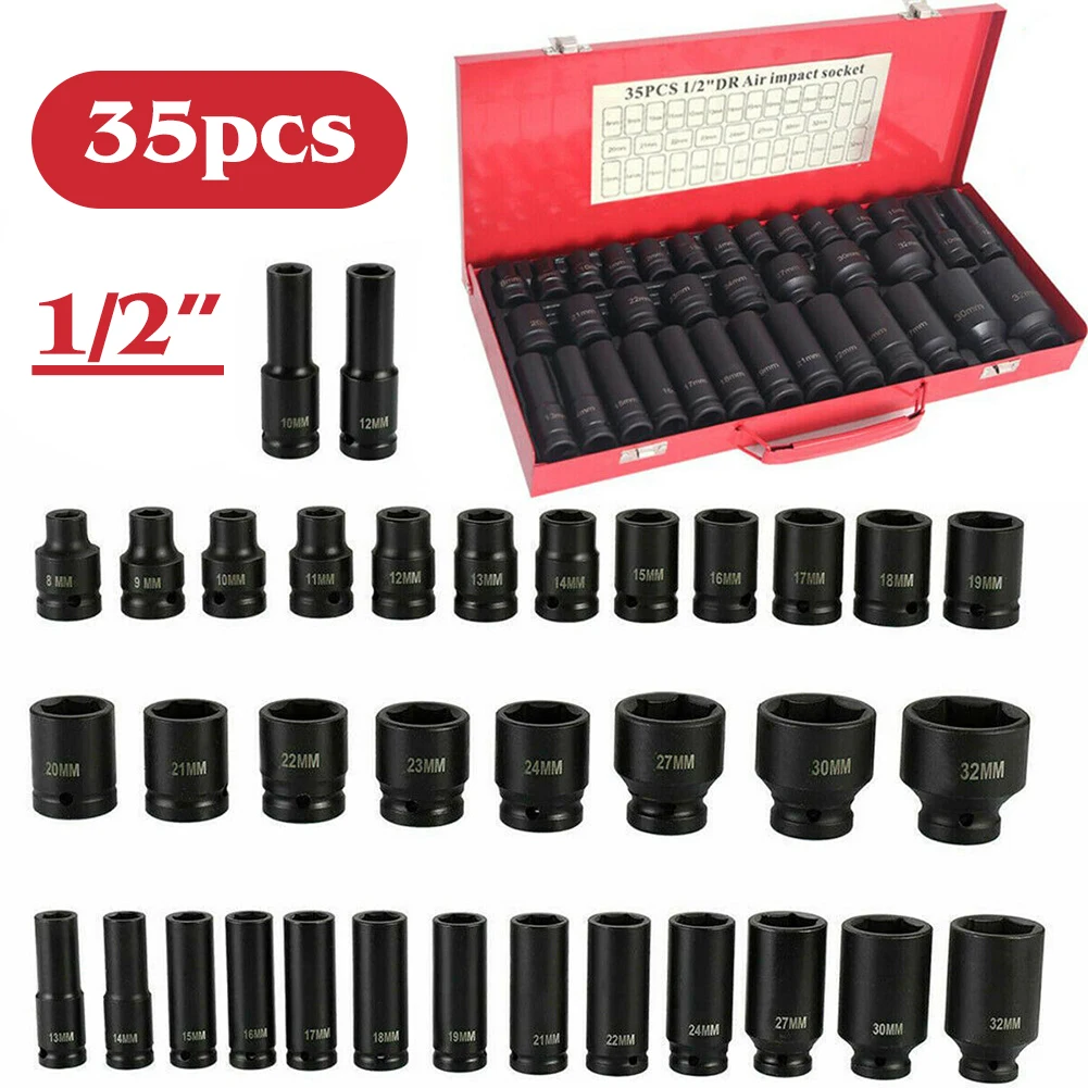 1/2" Drive 35pcs Deep Duty Impact Sockets Tool Set Garage Wr