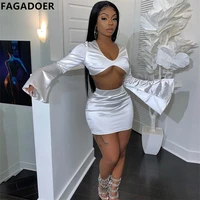 fagadoer sexy bodycon skirt two piece set women deep v flare long sleeve crop top and mini skirt outfits summer party club suits