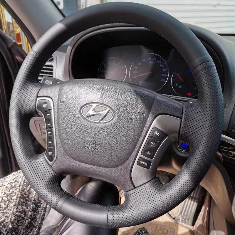

Для Hyundai Santa Fe 2006-2012 H-1 Starex i800 2008-2019 прошитый вручную нескользящий черный чехол на руль из натуральной кожи