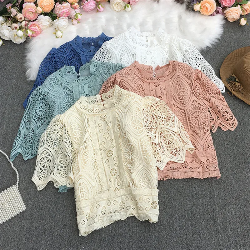 

2023 New Fashion Sweet Summer Blouse Women Floral Hollow Out Lace Shirt Ladies Flare Short Sleeve Slim Casual Blouses Short Tops