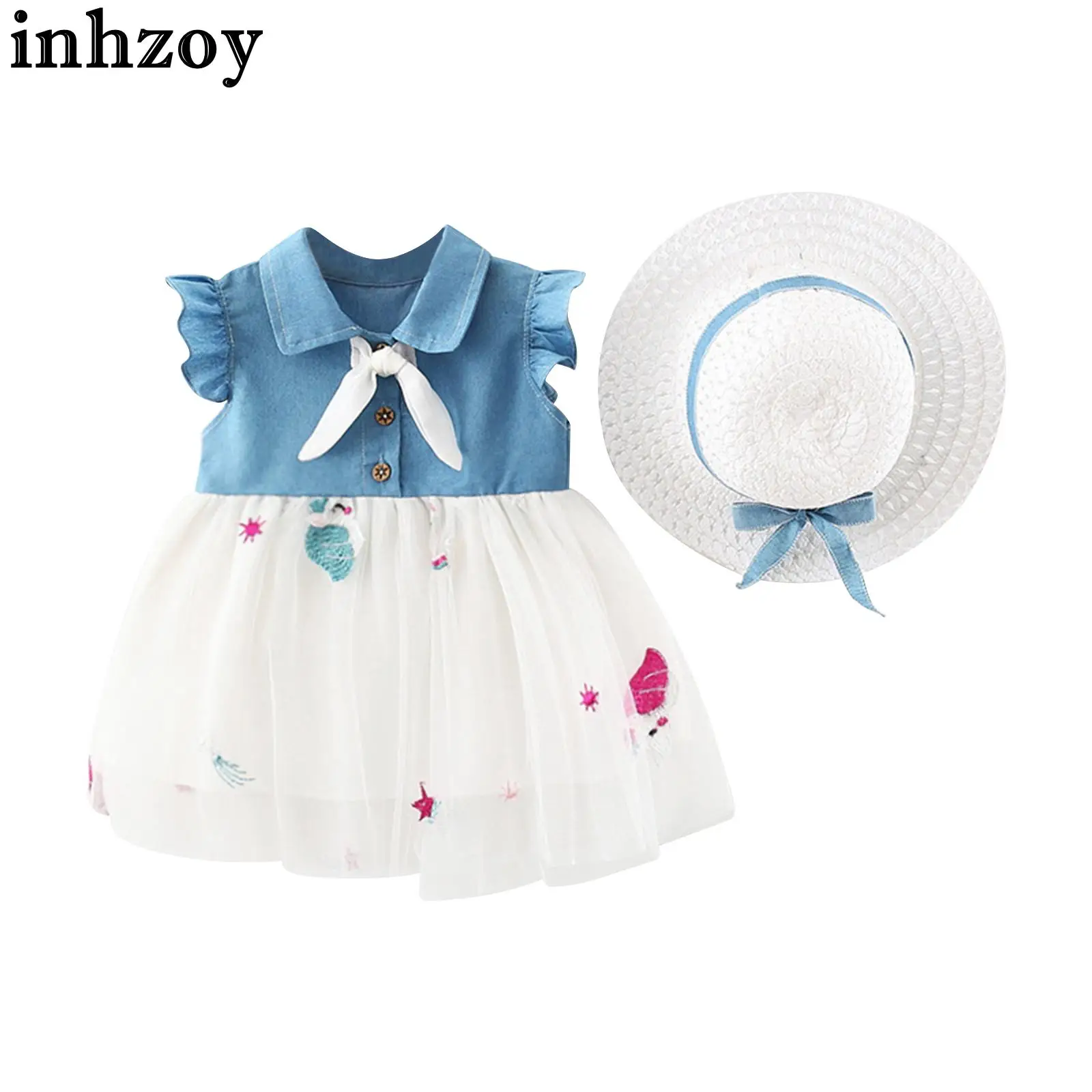 Toddler Baby Girls Tutu Dress Lovely Sweet Bowknot Decor Flying Sleeve Turndown Collar Denim A-line Dress with Hat Summer Outfit