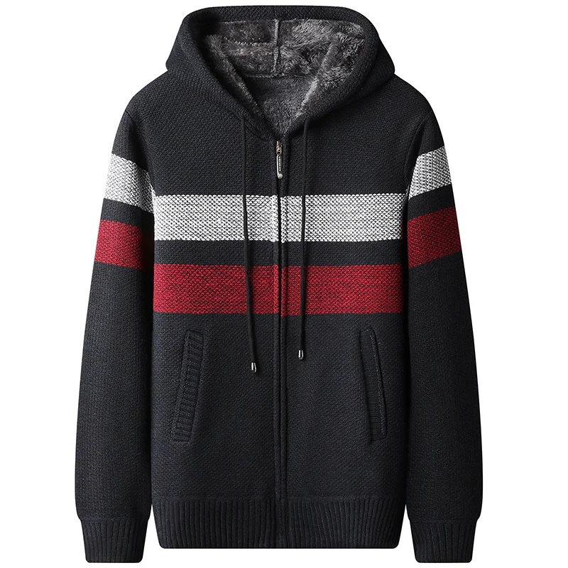 

New Winter Jacket Men Fleece Warm Hooded Cardigan Coat Fashion Patchwork Knitted Jackets Casual Outerwear Mens Clothing 2022