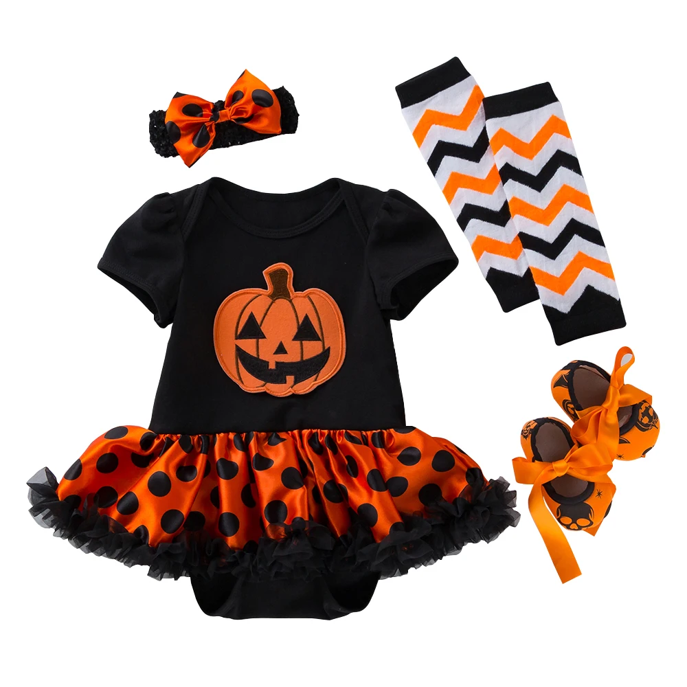 

Halloween bebes Newborn Baby Girls Short Sleeve Costumes Print Pumpkin Halloween Clothes Cotton Romper Dress Shoes 4Pcs Clothing