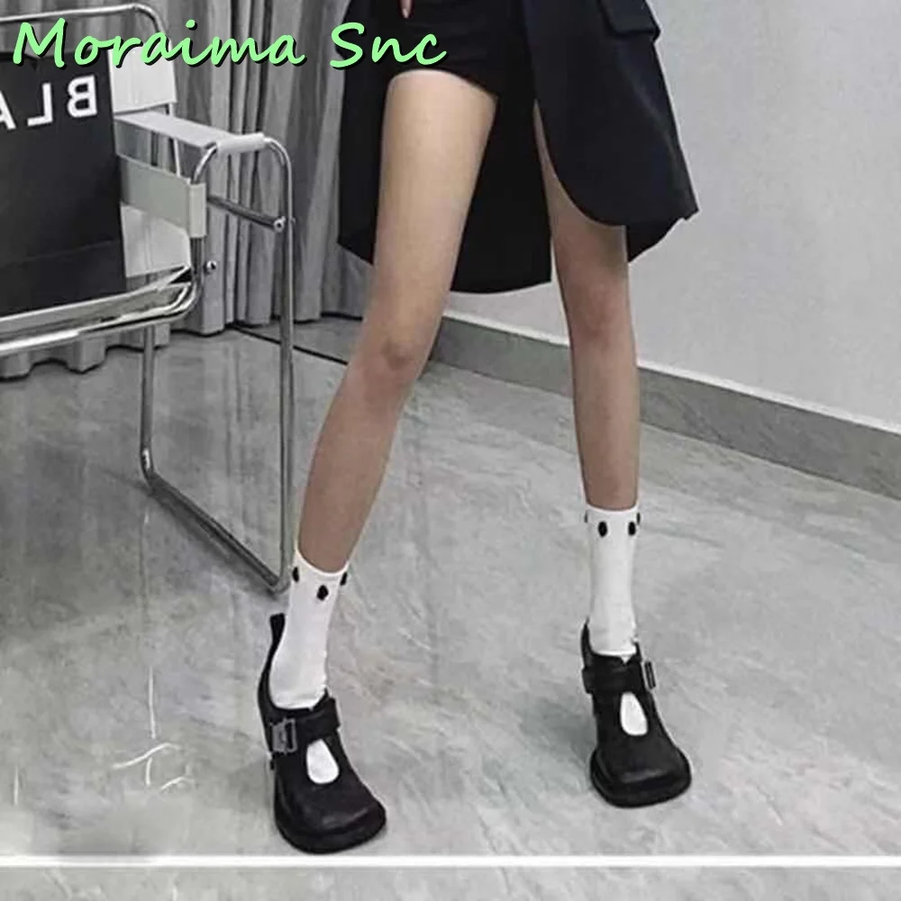 Fashion Round Toe Shallow Pumps Ankle Buckle Strap Metal Heel Leather Women Shoes Spring Summer 2023 White Solid Casual Newest