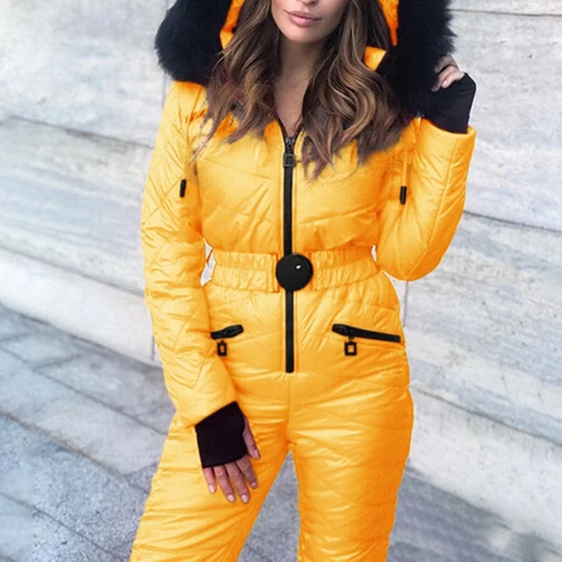 Fashion Winter Hooded Parka Jumpsuit Women Jackets Bodysuit Sashes Jumpsuits Zipper Overalls Tracksuits Women One Piece Ski Suit