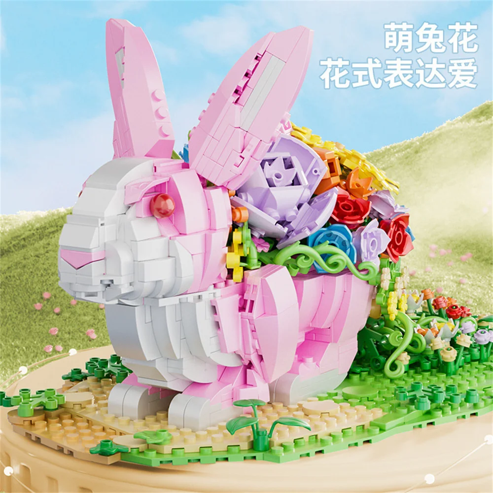 

2023 City Creativity Rabbit Flower Bouquet Summer Sunshine Flower Basket Model Mini Building Blocks Bricks Toys For Kids Gift
